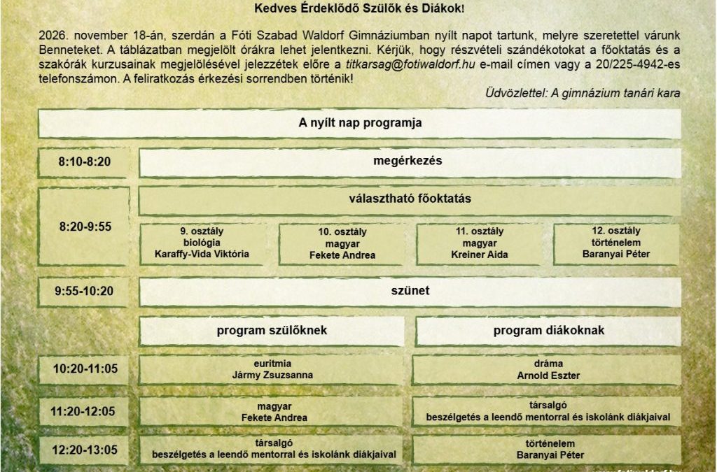 Külsős jelentkezőknek nyílt napot tartunk 2026. november 18-án. Szeretettel várjuk az érdeklődőket!